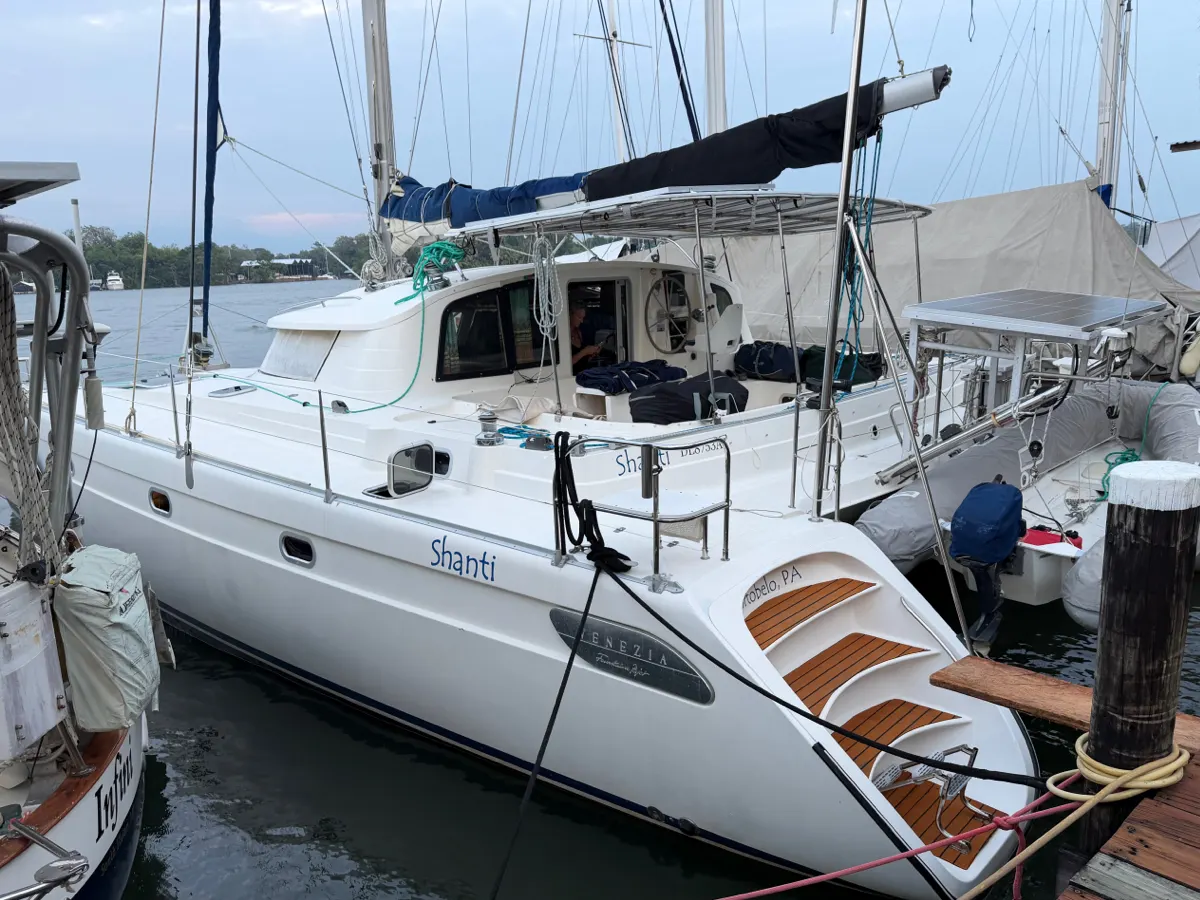 Shanti catamaran on blue Caribbean water